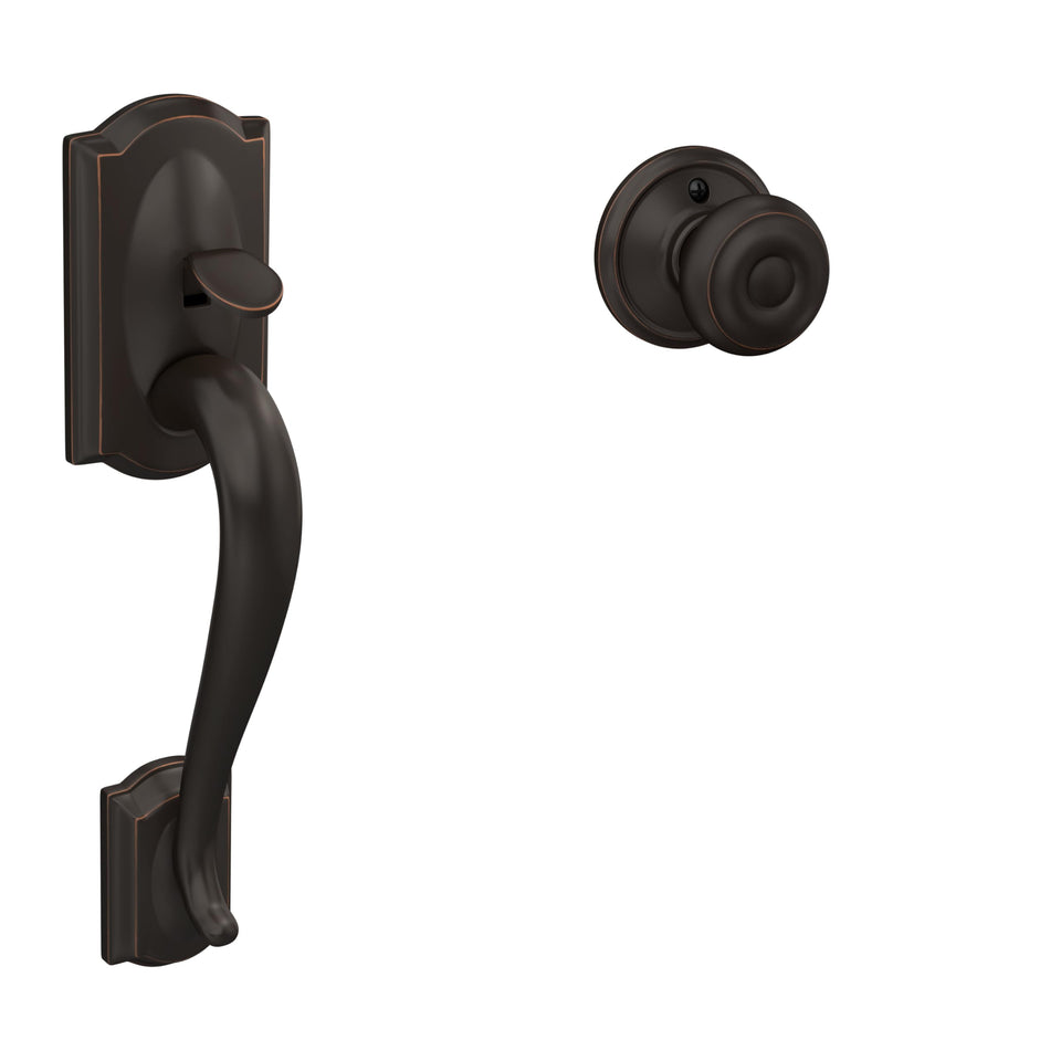 Schlage FE285 CAM 716 front entry handleset with Georgia knob enhances curb appeal and security.