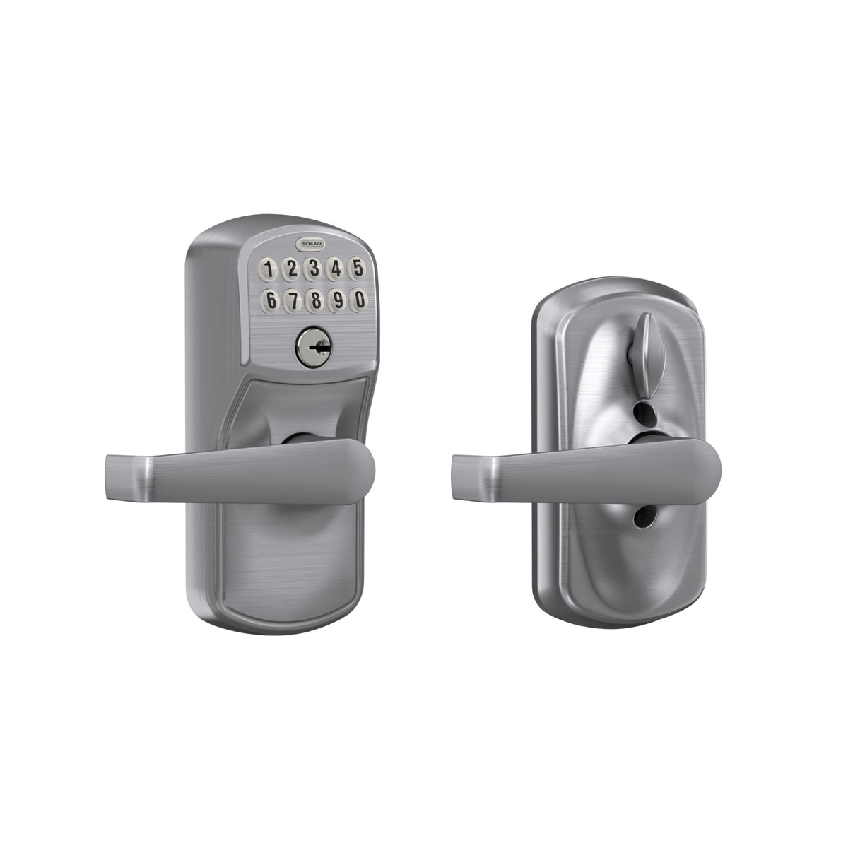 Schlage FE595CS Plymouth Elan lever front view with illuminated keypad for easy night entry.