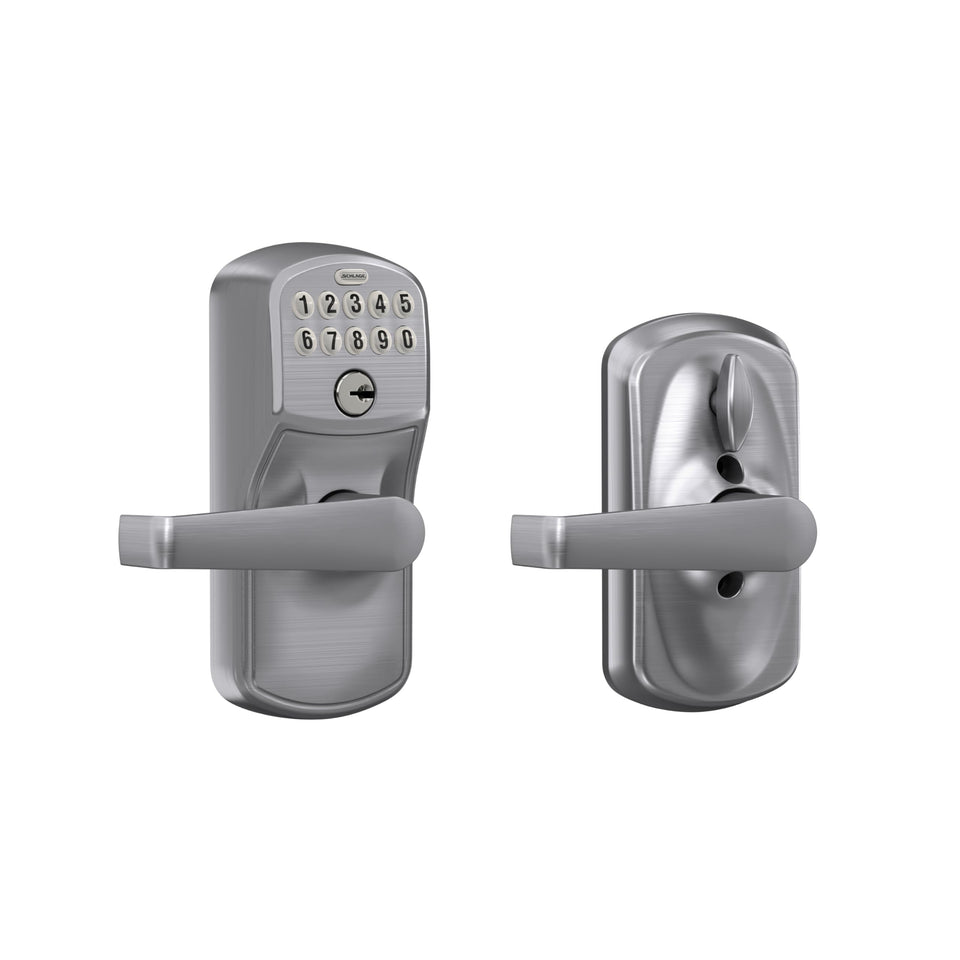 Schlage FE595CS Plymouth Elan lever front view with illuminated keypad for easy night entry.