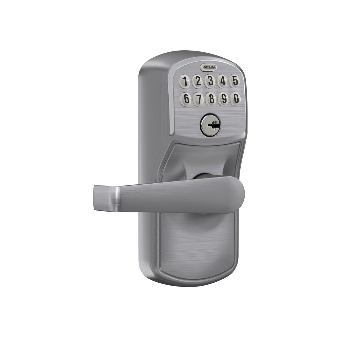 Schlage FE595CS Plymouth Elan lever side view highlighting brushed chrome durability.
