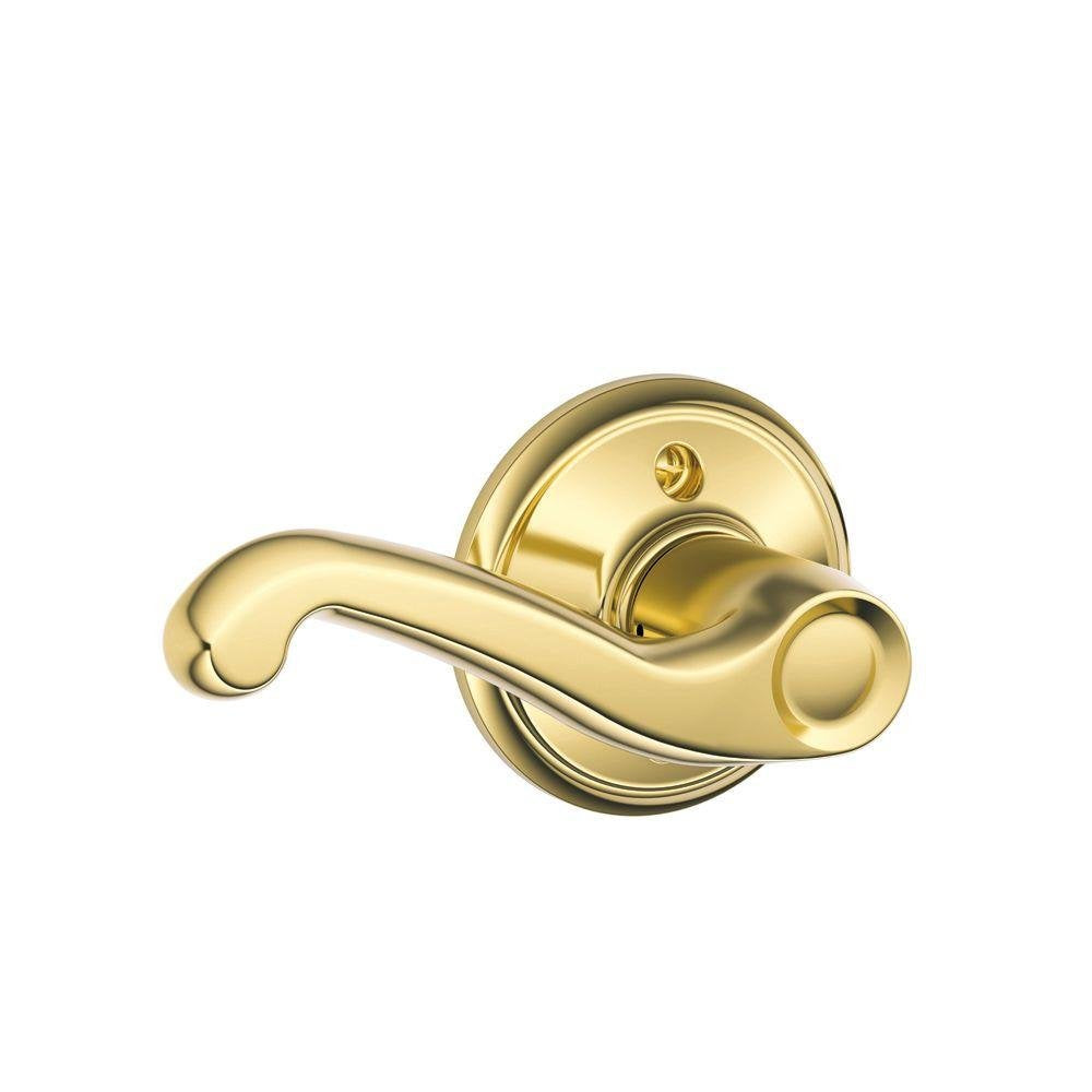 Schlage Flair dummy lever in bright brass, decorative pull for inactive doors.