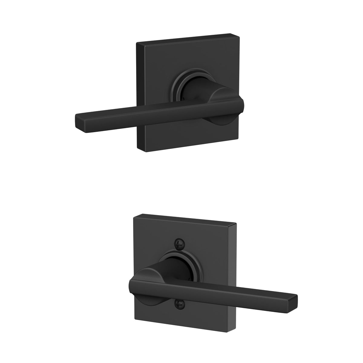 Schlage Latitude Collins lever on interior door in matte black for easy interior access.
