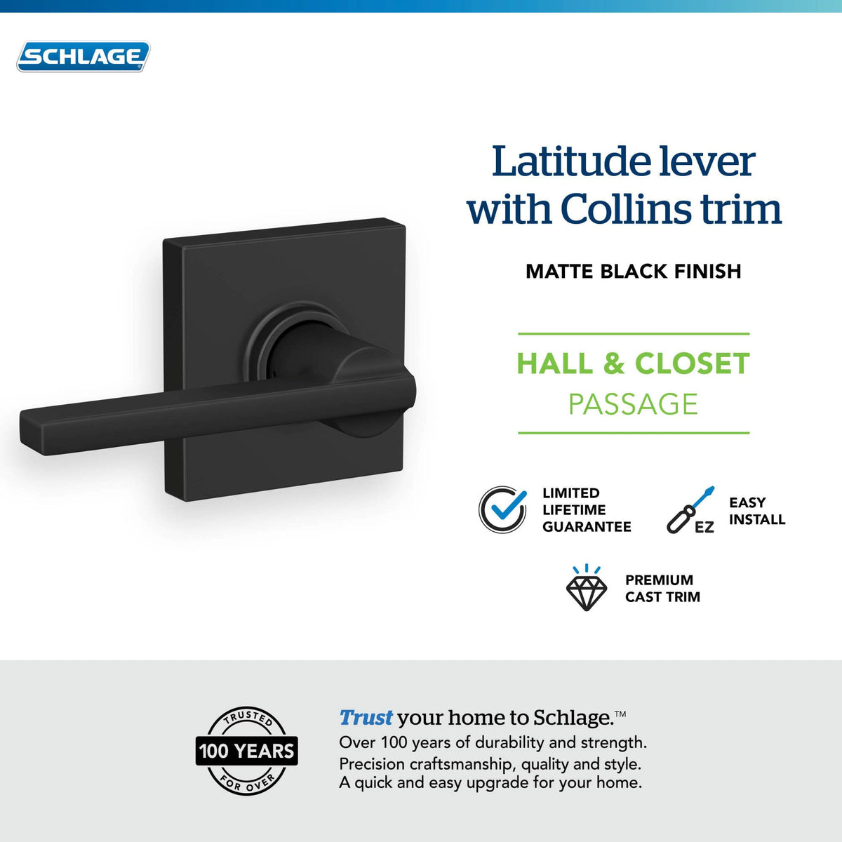Rectangular Latitude Collins lever accent in matte black for modern interiors.