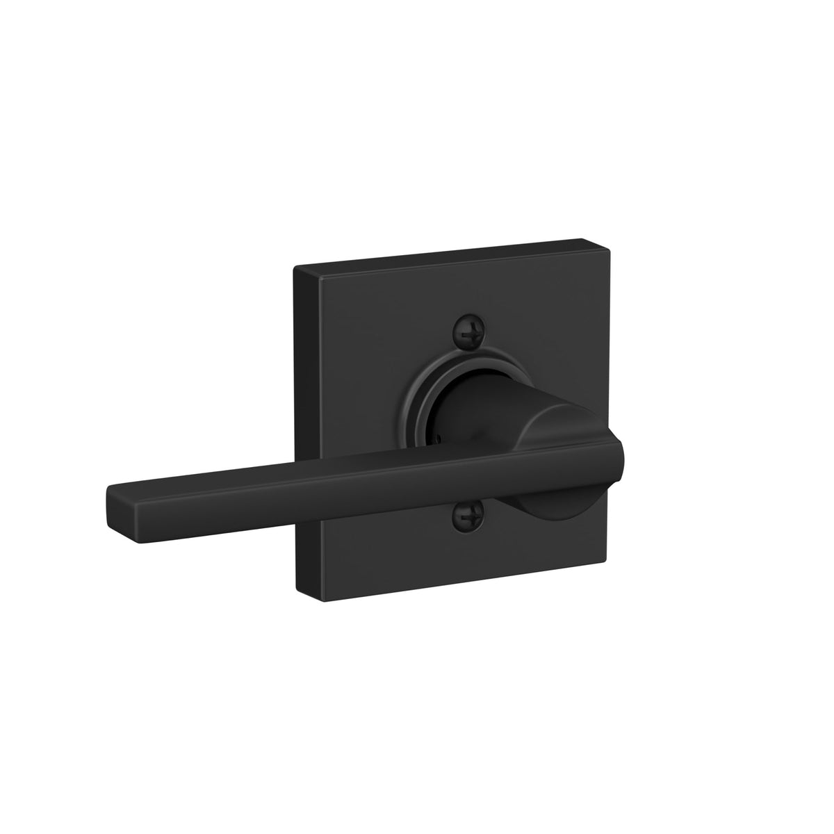 Schlage Latitude lever with Collins trim in matte black enhances modern door aesthetics