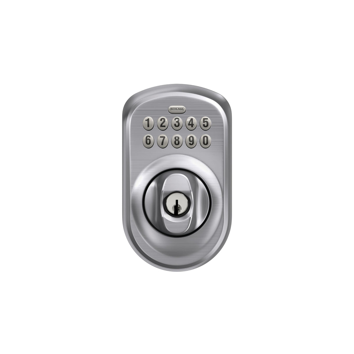 Schlage Plymouth battery-powered lock with low-battery alerts.