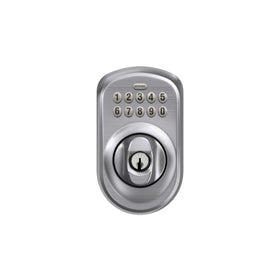 Schlage Plymouth battery-powered lock with low-battery alerts.