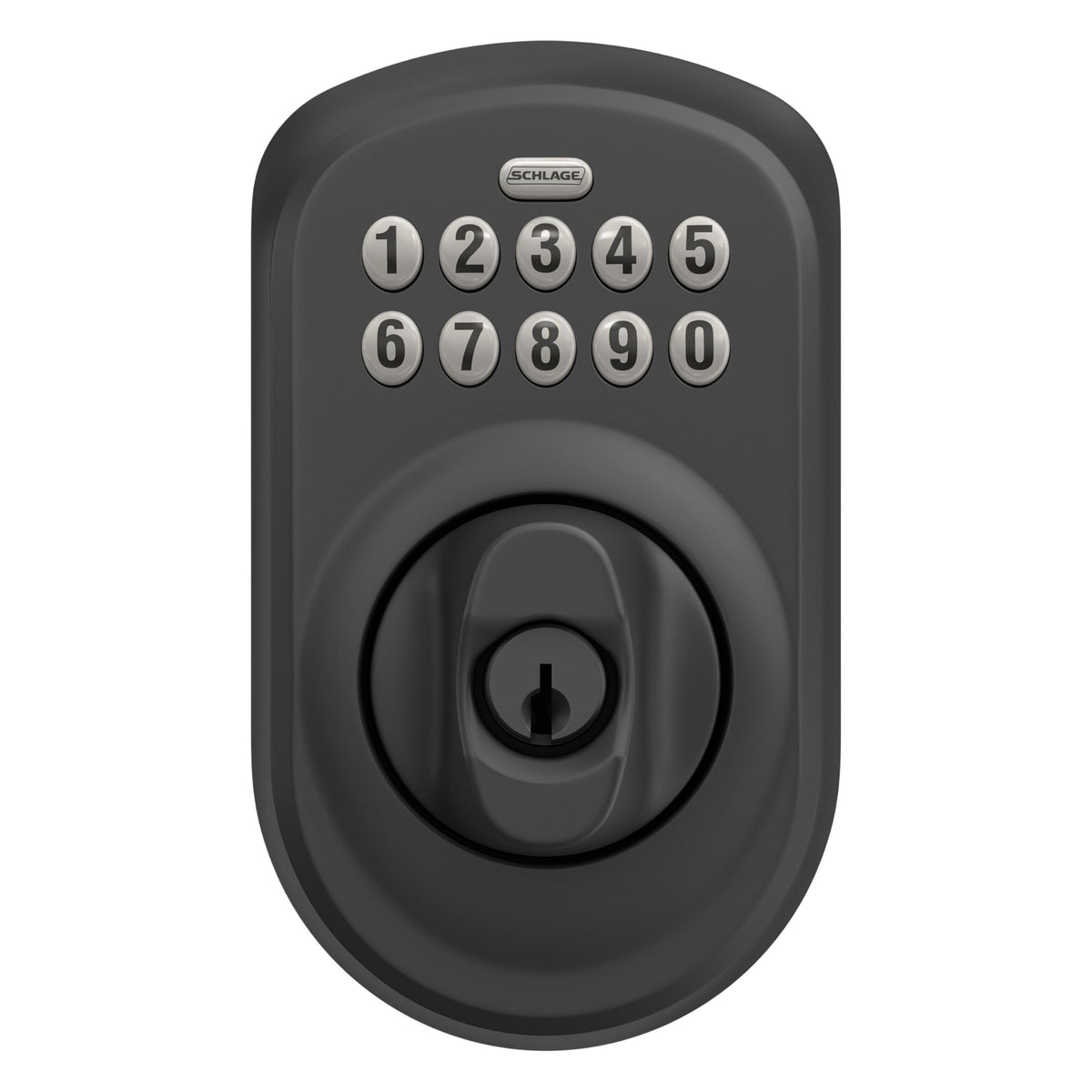 Front view of Schlage Plymouth BE365 PLY 622 installed on a door