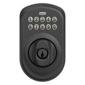 Front view of Schlage Plymouth BE365 PLY 622 installed on a door