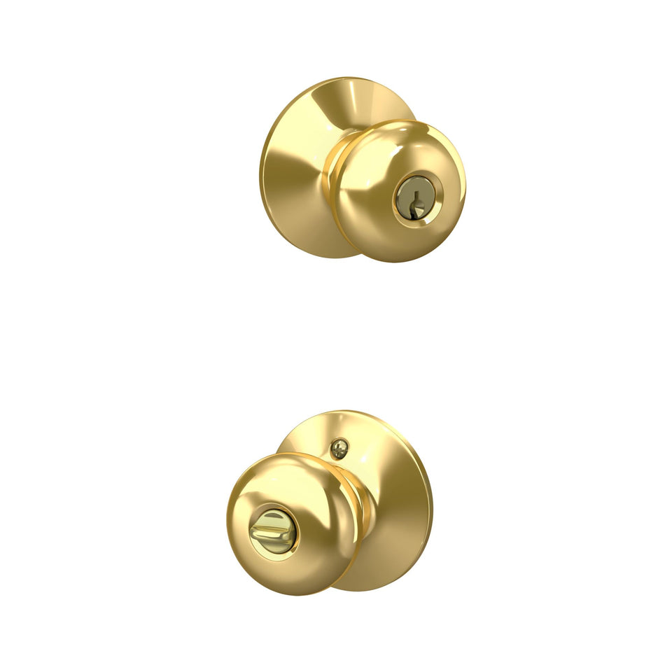 Schlage Plymouth door knob bright brass closeup highlighting sturdy entry security.