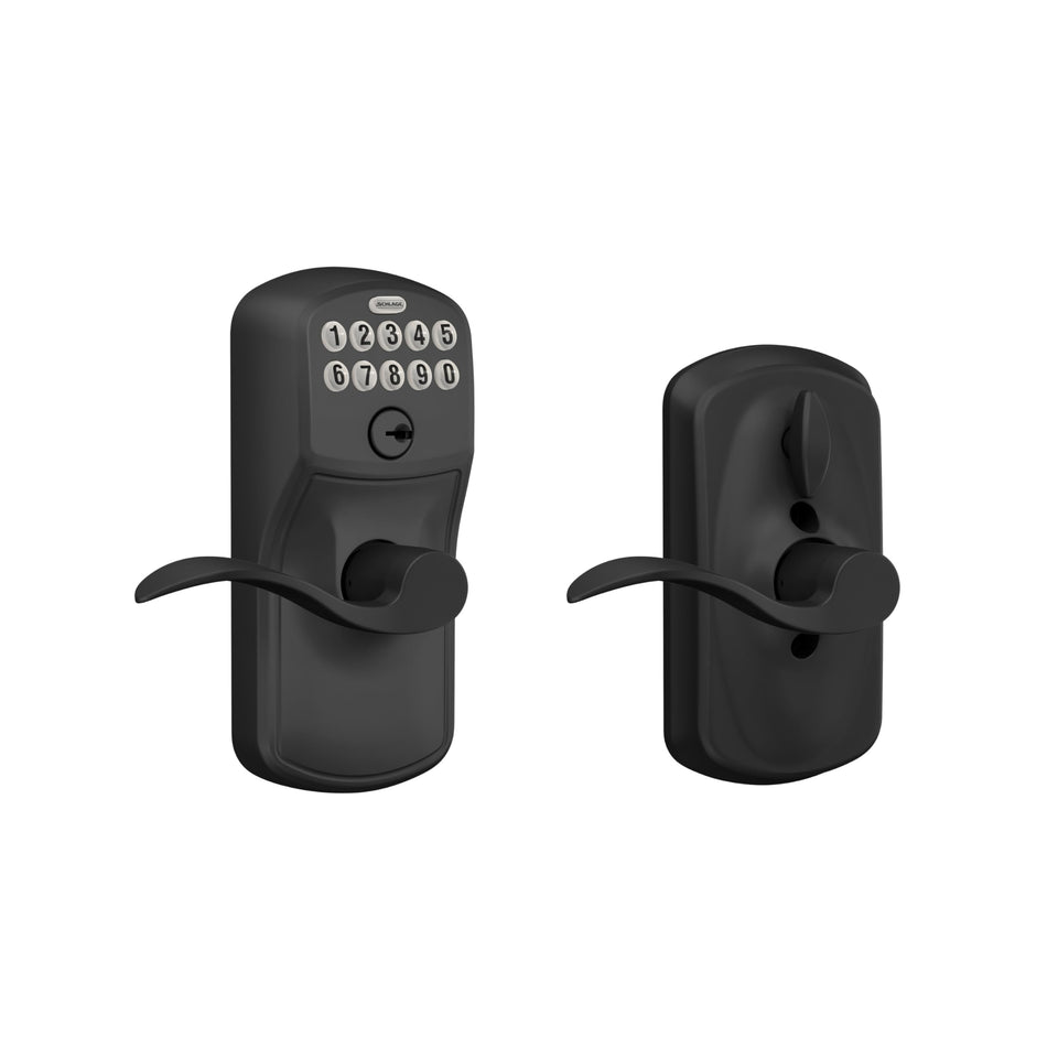 Schlage Plymouth keypad lock on a front door offering keyless entry for quick access.
