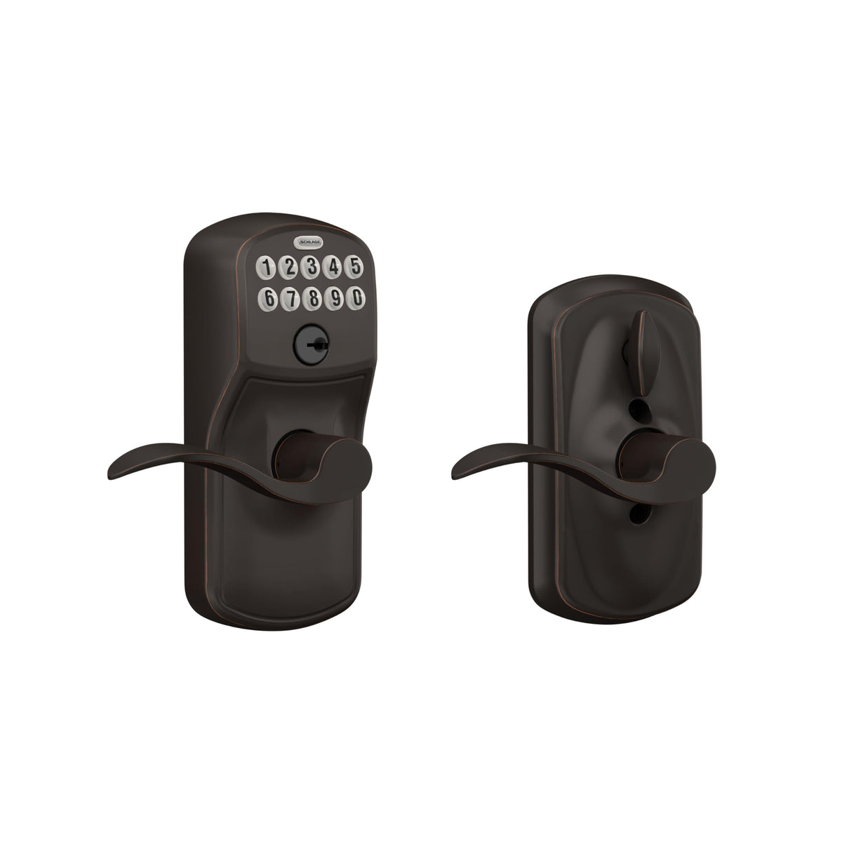 Schlage Plymouth keypad lock lever, angled view, aged bronze finish for curb appeal