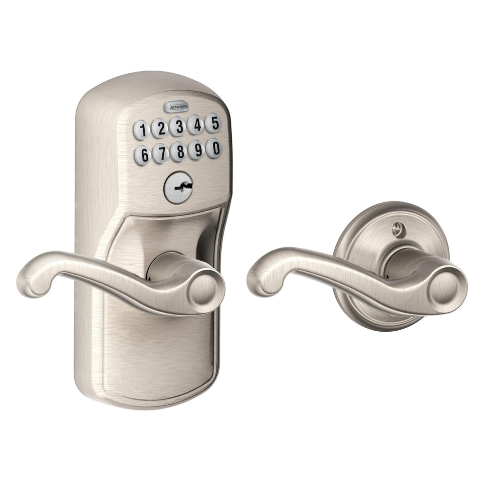 Schlage Plymouth keypad lock with lever handle in satin nickel, secure keyless entry for home access.