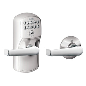 Schlage Plymouth keypad lock with lever in satin chrome on front view showing keyless entry