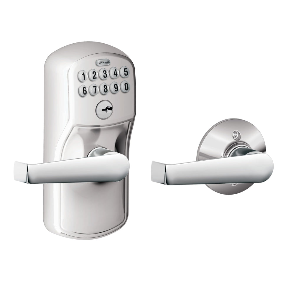 Schlage Plymouth keypad lock with lever in satin chrome on front view showing keyless entry