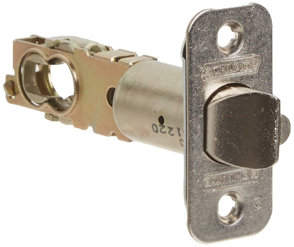 Plymouth lock installed on exterior door with satin chrome lever handle