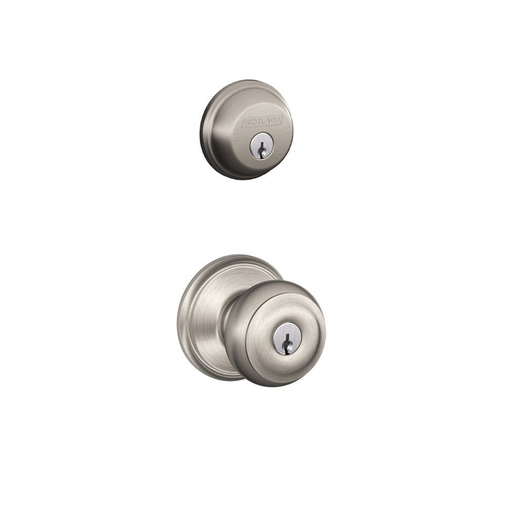 Schlage Satin Nickel FB50N V GEO 619 B60 deadbolt and Georgian knob for secure entry