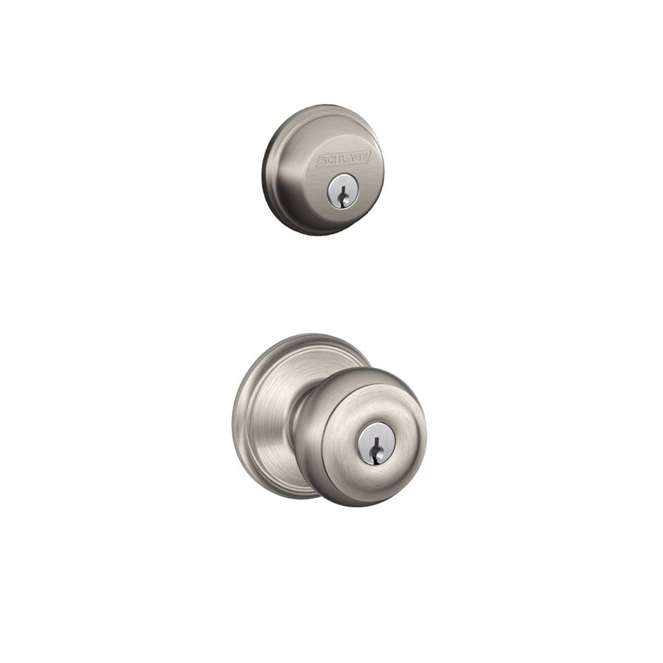 Schlage Satin Nickel FB50N V GEO 619 B60 deadbolt and Georgian knob for secure entry