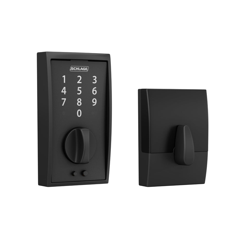 Schlage Touch Century deadbolt front view with matte black finish for keyless entry
