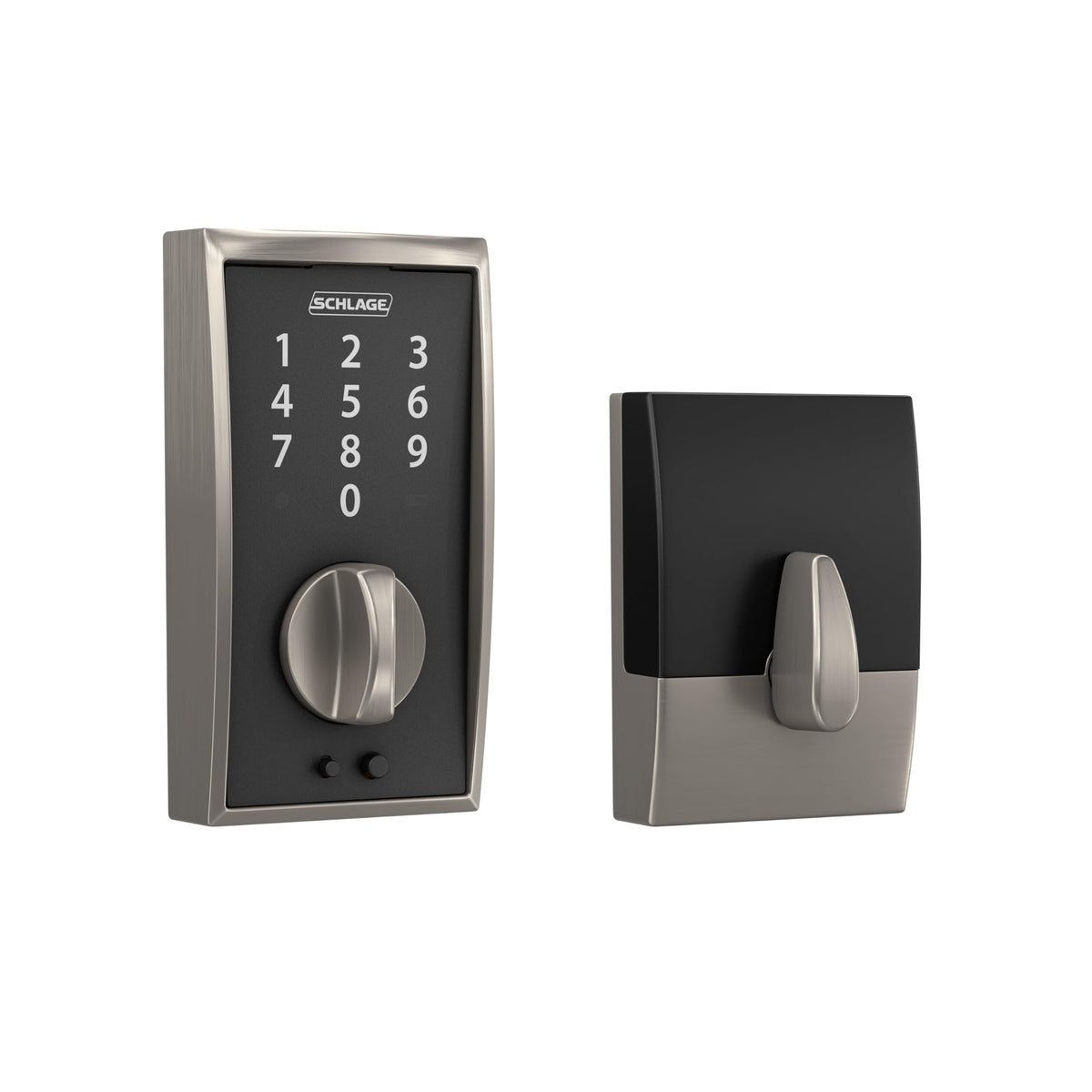 Schlage Touch Century front view shows keyless entry on satin nickel finish for secure access