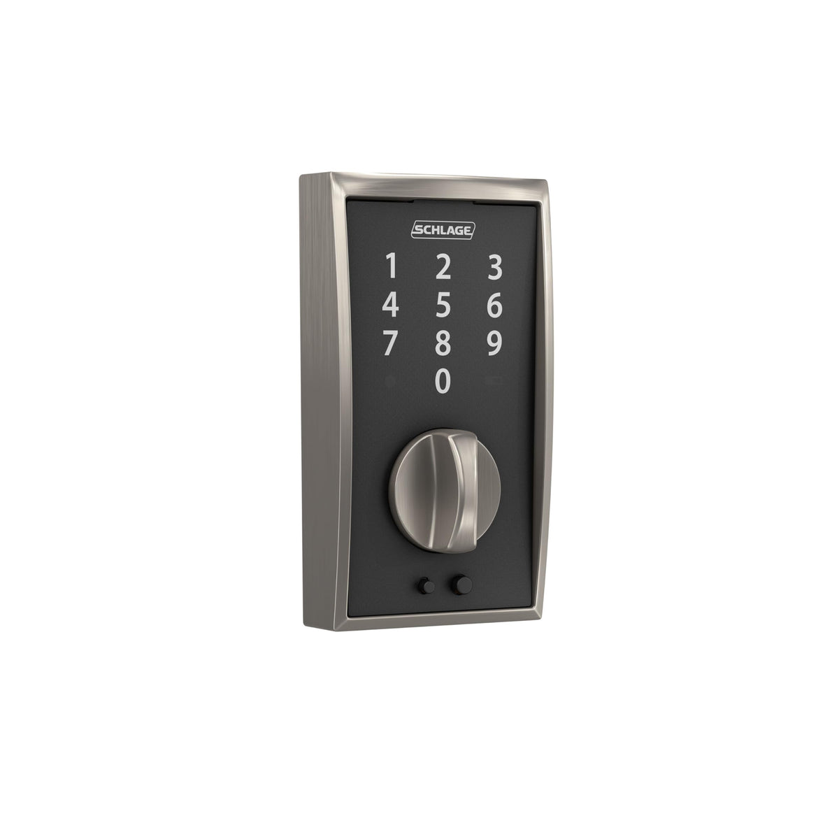 Schlage Touch Century keypad close-up with backlit digits enabling easy nighttime entry