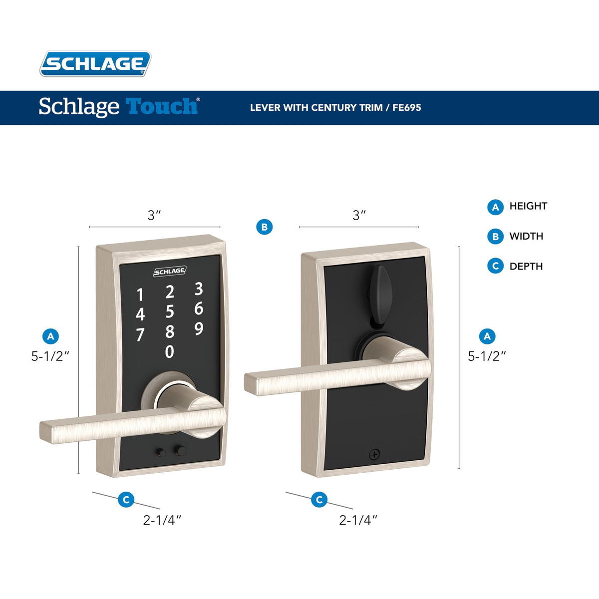 Schlage Touch Century matte black lever close-up highlights modern style for entryways.