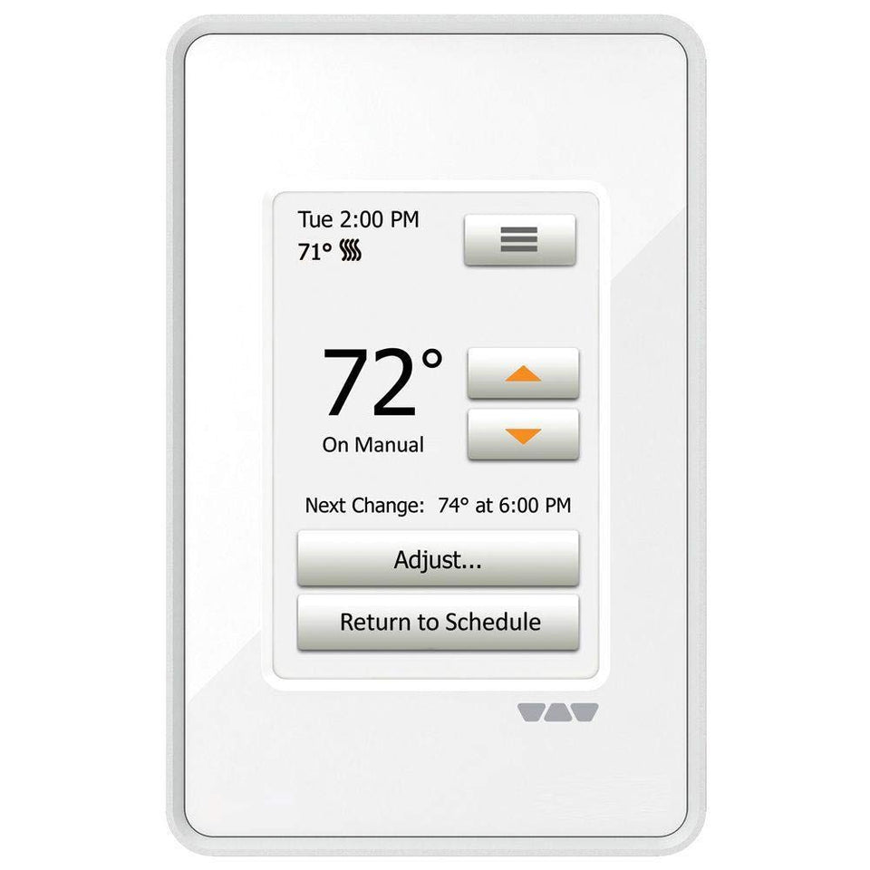Schluter Ditra-Heat-E-RT thermostat with touchscreen for easy programming and energy tracking.