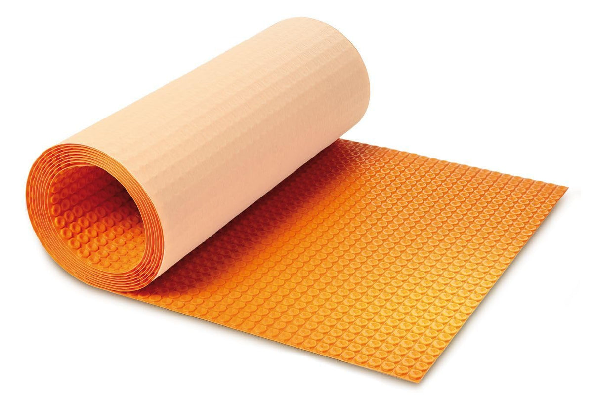 Schluter Ditra-Heat membrane roll unrolled over subfloor for warm tile installation