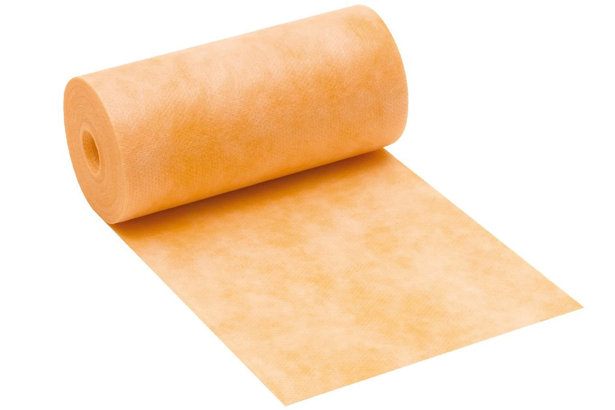 Schluter Kerdi Band waterproofing strip sealing butt joints on floors and walls, reducing water intrusion.
