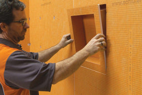 Schluter KERDI-BOARD-SN shower niche installation on shower wall for waterproof storage