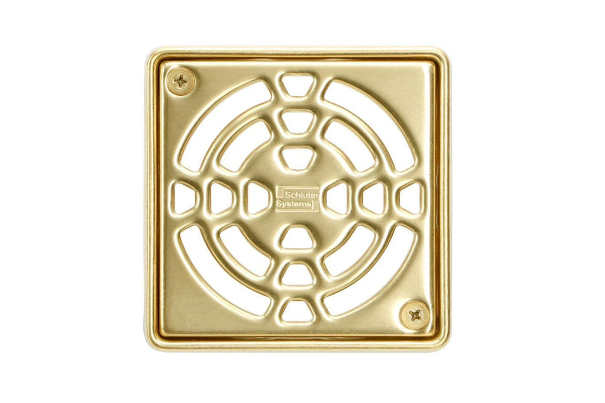 Schluter Kerdi-Drain classic square grate in gold finish for durable waterproofing and easy cleaning.