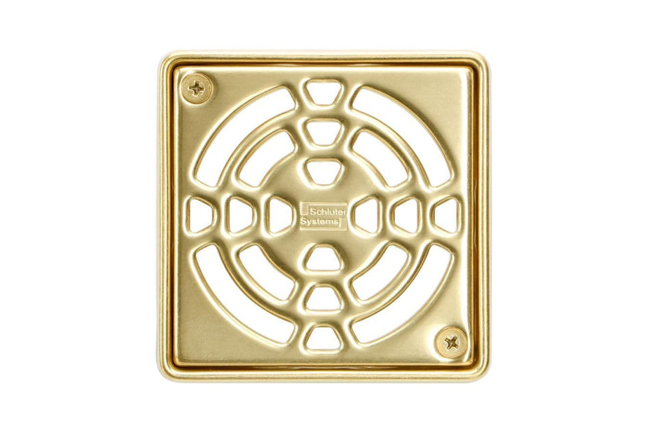 Schluter Kerdi-Drain classic square grate in gold finish for durable waterproofing and easy cleaning.