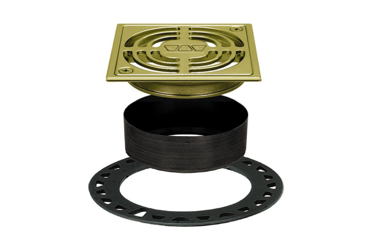 Schluter Kerdi-Drain contour square grate with brushed brass finish for durable, waterproof showers.