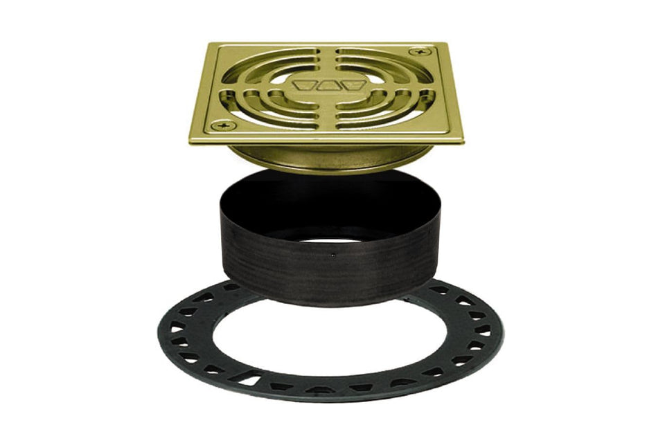 Schluter Kerdi-Drain contour square grate with brushed brass finish for durable, waterproof showers.