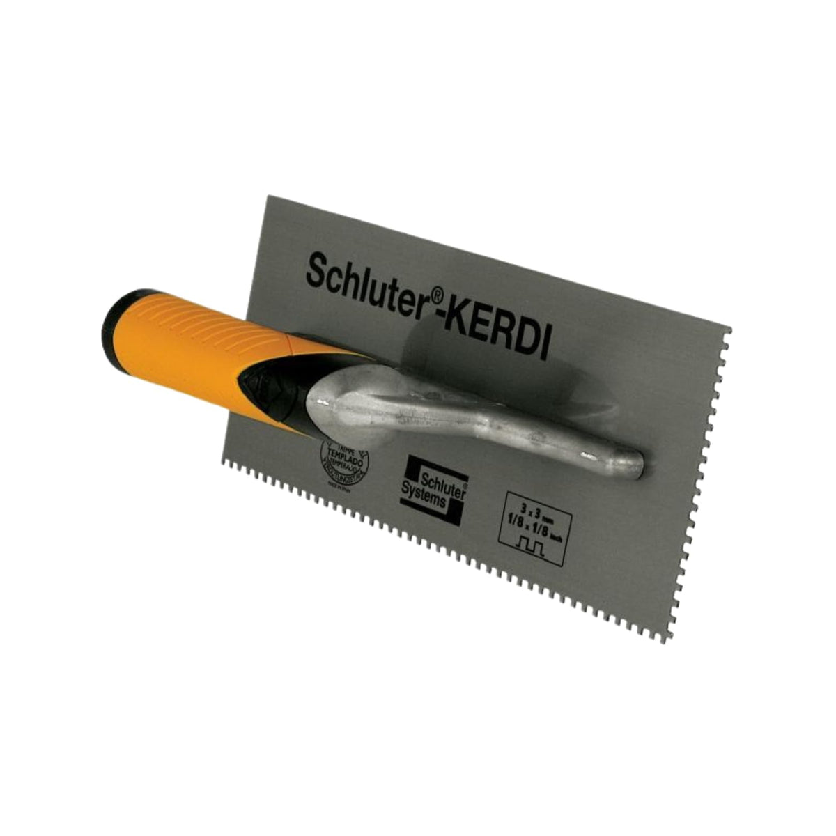 Schluter Kerdi square-notch trowel for precise adhesive application on Kerdi installations.