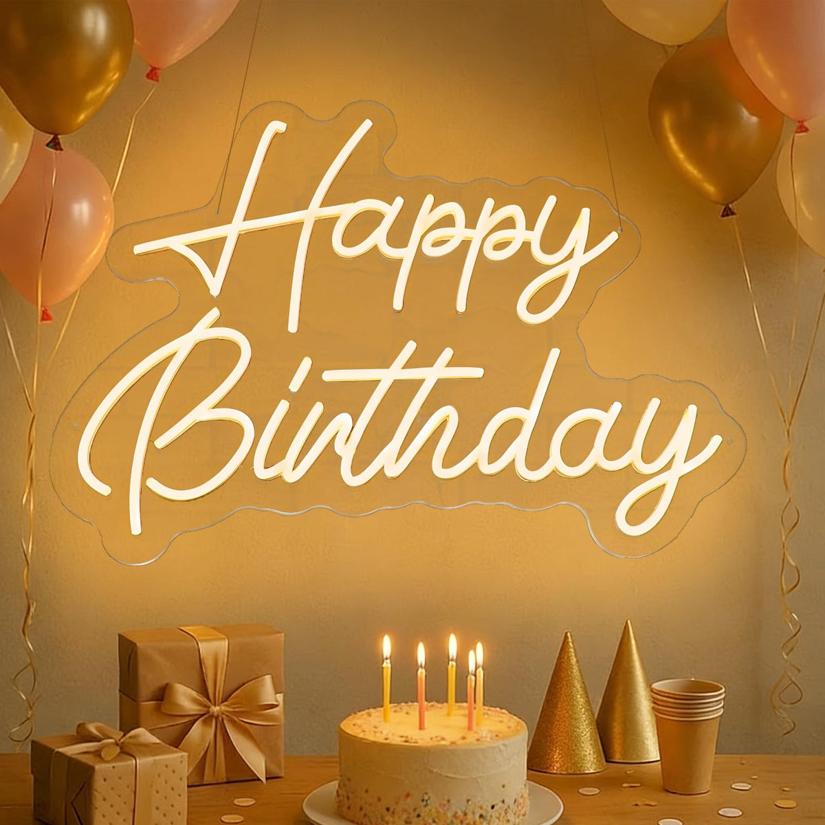 Schmtsuntoo HMT Happy Birthday neon sign with warm glow for photo-ready celebrations.