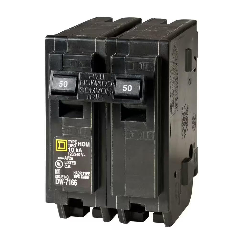 Schneider Electric BKR SQ. D HOM 2P 50A 2in front view showing reliable circuit protection.