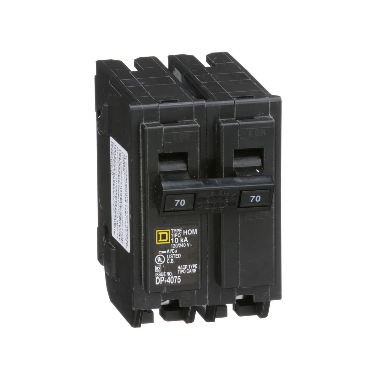 Schneider Electric Homeline 70A two-pole breaker, front view, ideal for protecting high-load circuits.