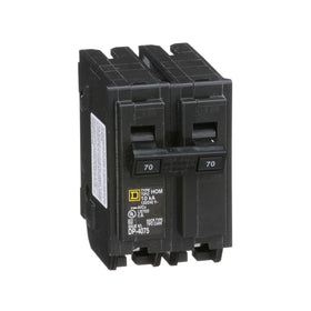 Schneider Electric Homeline 70A two-pole breaker, front view, ideal for protecting high-load circuits.