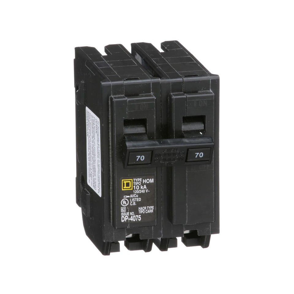 Schneider Electric Homeline 70A two-pole breaker, front view, ideal for protecting high-load circuits.