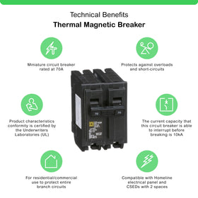Schneider Electric Homeline 70A two-pole breaker, side view, compact footprint for easy panel fit.