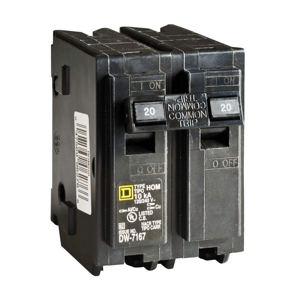 Schneider Electric Square D HOM220 two-pole 20-amp circuit breaker protecting home circuits.