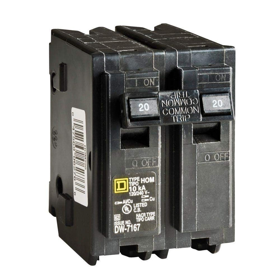 Schneider Electric Square D HOM220 two-pole 20-amp circuit breaker protecting home circuits.