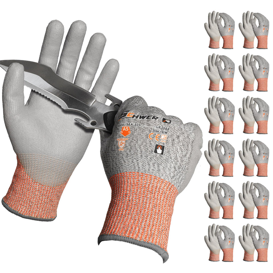 Schwer 12-pair ANSI Cut Level 5 gloves with PU coating – palm protection.