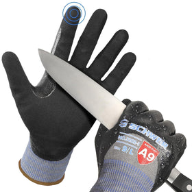 Schwer ANSI A9 gloves close-up shows nitrile coating for abrasion resistance.