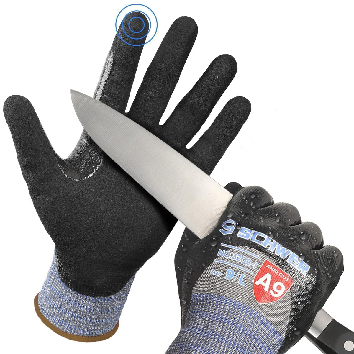 Schwer ANSI A9 gloves close-up shows nitrile coating for abrasion resistance.