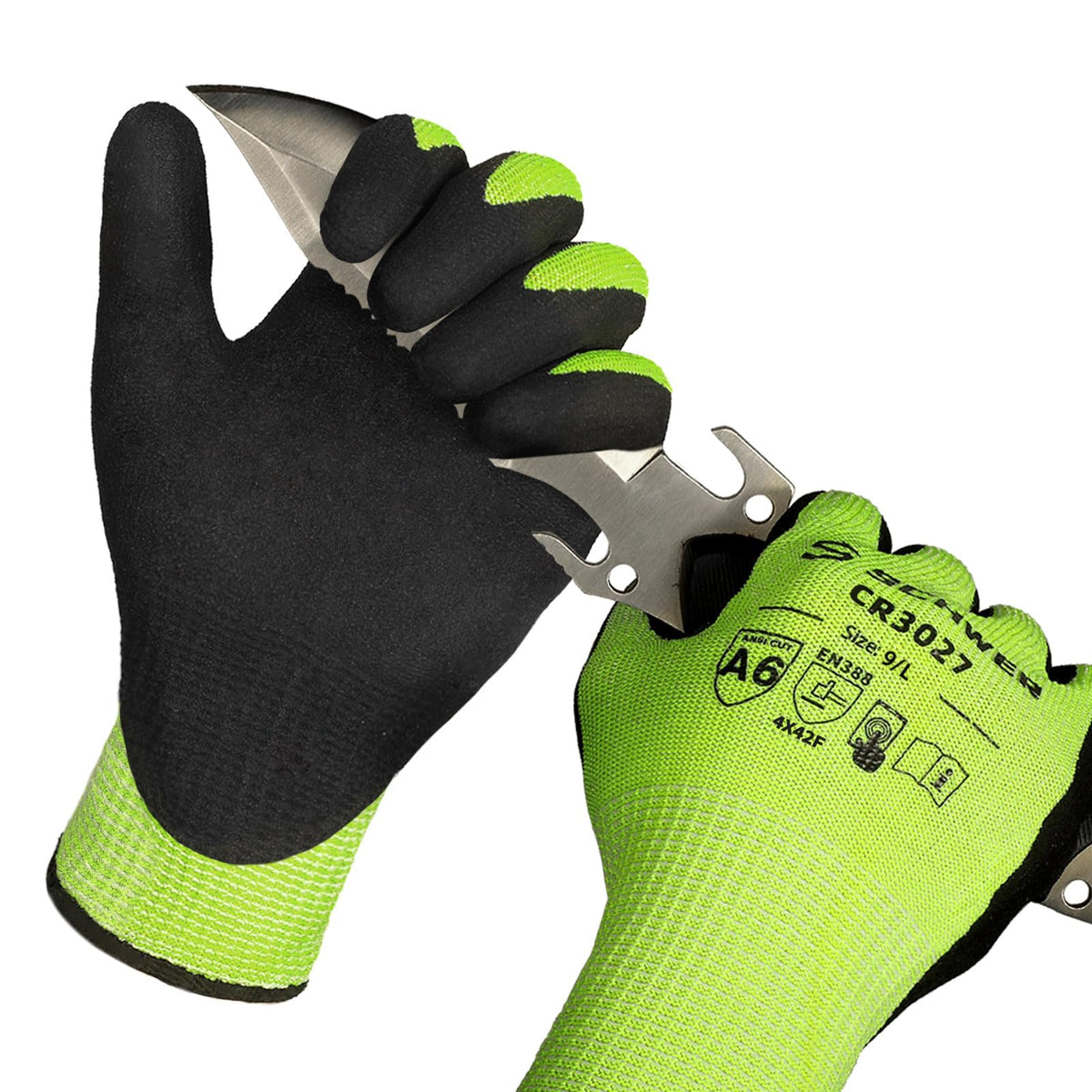 Schwer CR3027 cut-resistant gloves in a two-pair pack close-up.