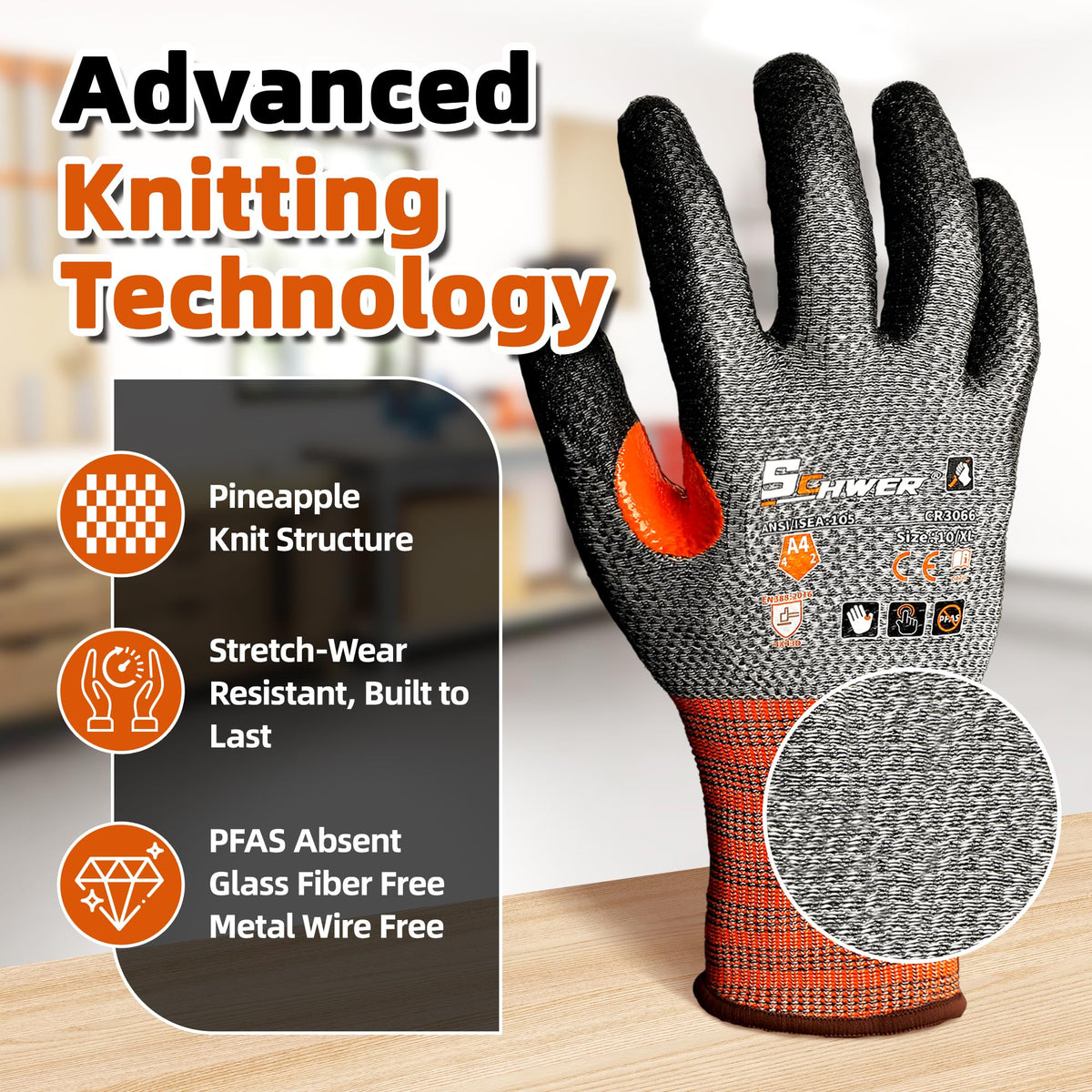 Schwer CR3066 honeycomb-knit fabric offers breathable comfort.