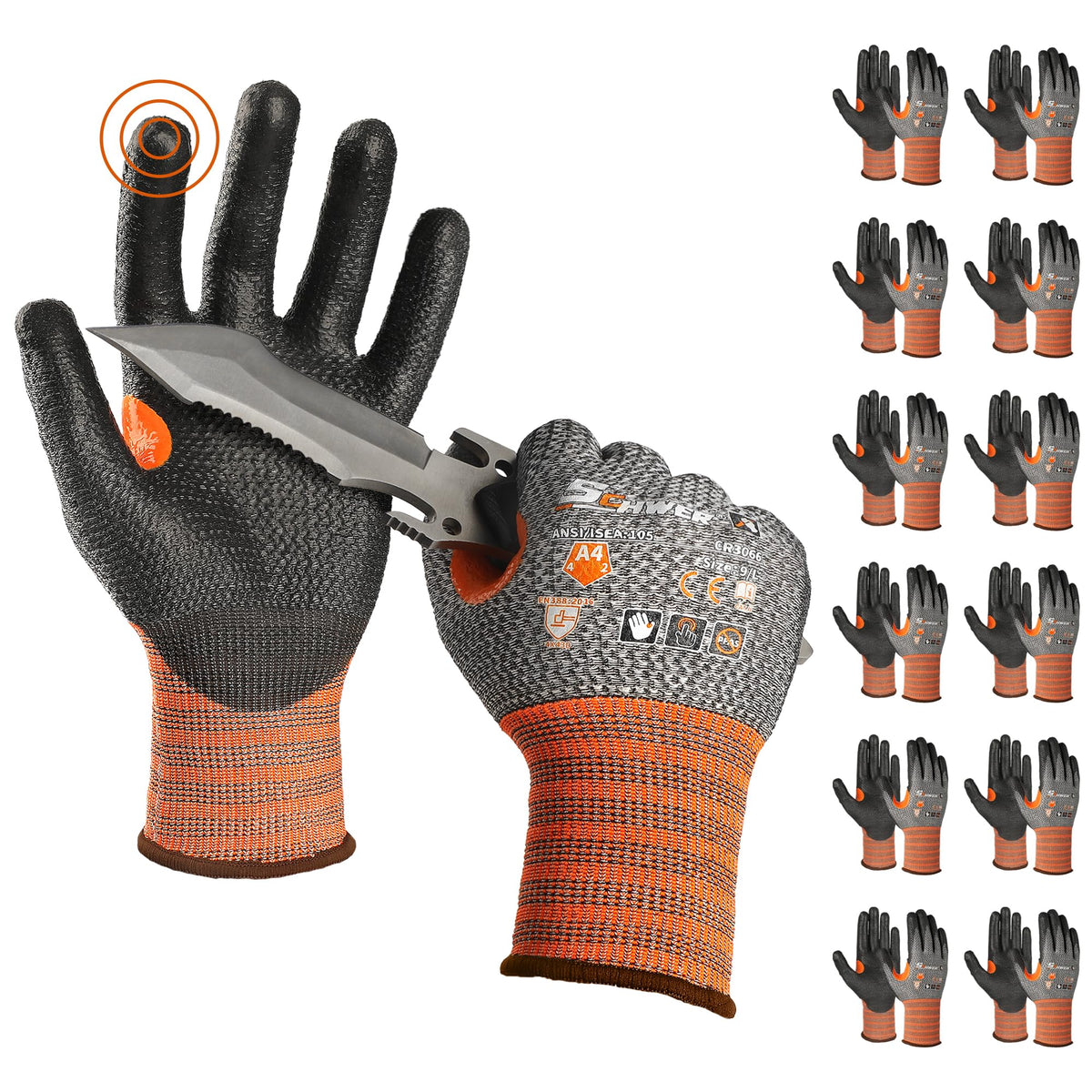 Schwer CR3066 gloves with PU grip for secure handling.