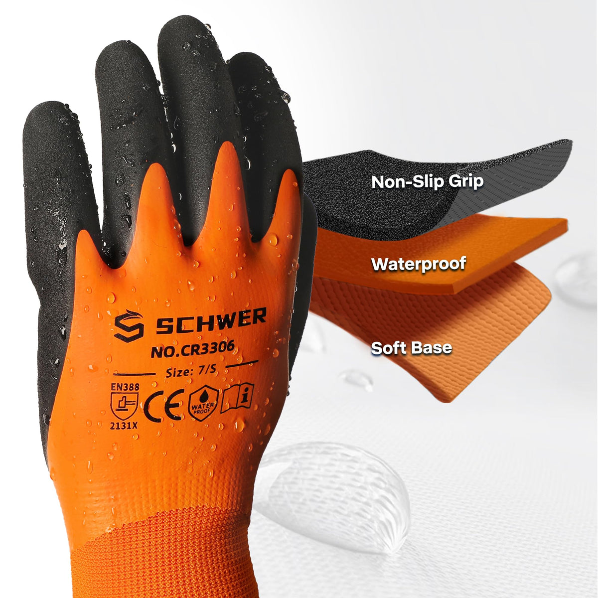 Schwer CR3306 gloves palm grip highlights foam latex grip in wet and dry conditions.