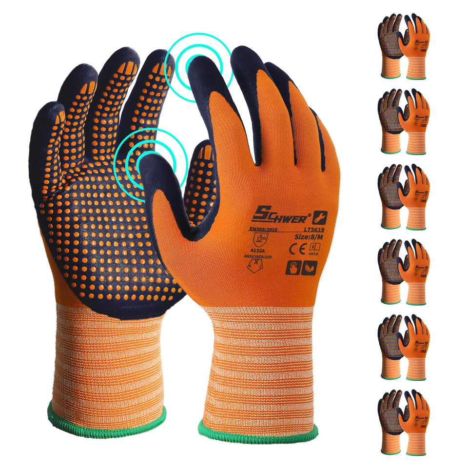 Schwer MicroFoam nitrile gloves with palm dots provide durable grip for heavy tasks